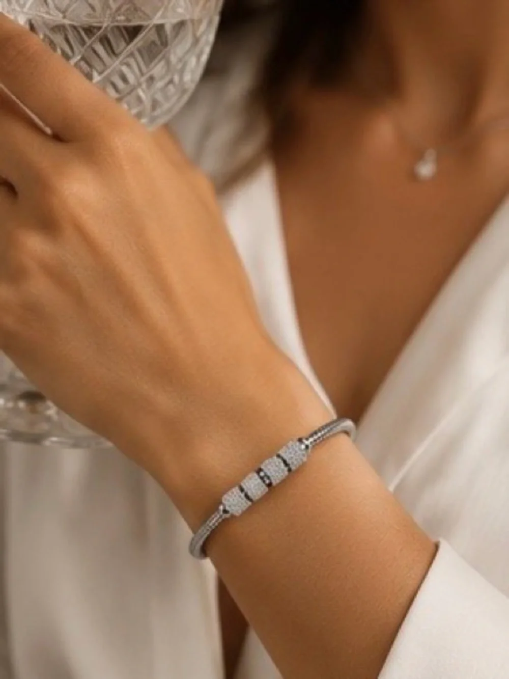 Modern Silver Crystal Accent Bangle  Bracelet
